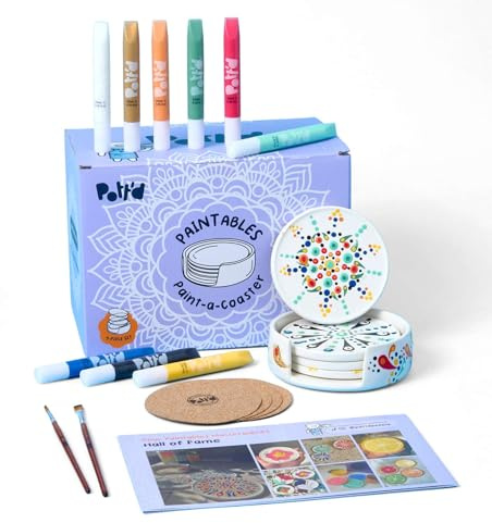 Pott’d Paintables Untersetzer zum Bemalen – DIY Keramik-Bemalen-Set für Erwachsene mit Untersetzern, Halter, Punktfarben, Pinseln und Anleitung – Kreatives Geschenk für Anfänger oder für Zuhause