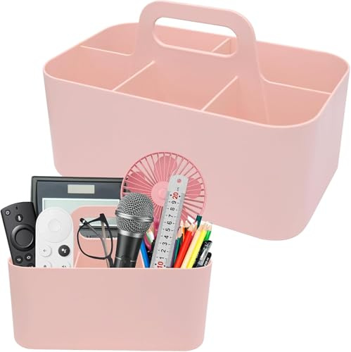 Korb Organizer mit Griff, Mehrzweck Kunststoffkorb mit 5 Fächer, Abnehmbare Reinigungskorb Stapelbarer Schreibtischkorb Bastelkorb für Kunst, Make-up, Bürobedarf, Rosa (24×15×11.2cm)