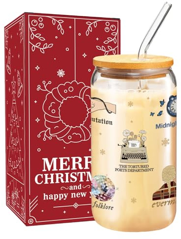 Arsemica Christmas Glass Cup for TS Fans, 16 oz Glass Cup with Lid Straw & Cleaning Brush, Christmas Coffee Drinking Glass Tumbler for Women Girls, Singer Merch Party Supplies White Elephant Gifts