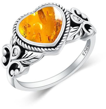 MILKYX Heart Genuine Amber Boho Rings, 925 Sterling Silver Leaf Vintage Rings Healing Gemstone Real Jewelry for Women Amber Lover, Size 7