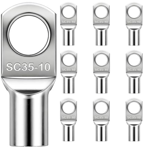 10PCS Copper Wire Lugs SC35-10, Tinned Copper Battery SC Ring Terminals Connectors 35mm M10 Bolt Hole Crimp Battery Cable Ends Eyelets Lugs for Electric, Auto, Boat, Car