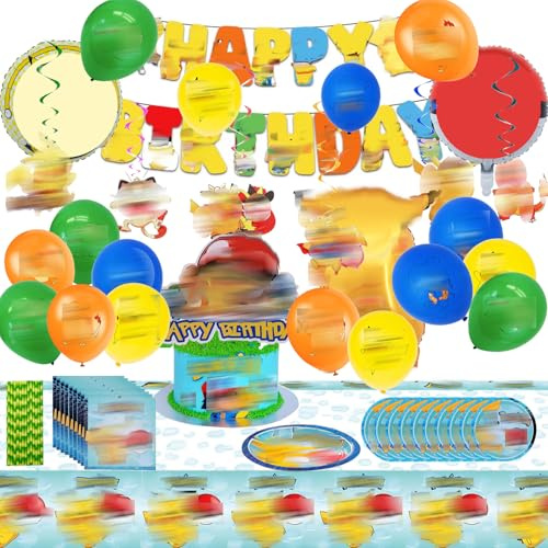Cartoon themed Luftballons Geburtstag Deko, 83 Stück kinder Party Supplies, Enthält banner, Cake Topper, Tischdecke, Ballons, Hängende Wirbel, Beschichtete Pappteller, Servietten, Strohhalme