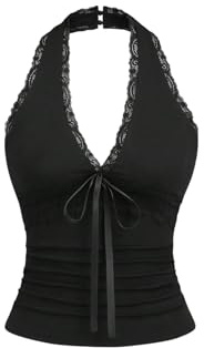 GORGLITTER Damhalterneck topp med spets halterneck topp Y2K toppar rynkad topp ärmlös crop top rygglös topp elegant sommartopp, svart, XS