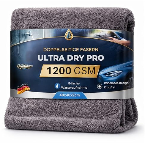 UltraDry PRO Trockentuch 1200 GSM Mikrofasertuch Auto Detailing Premium | 40x40 cm, randlos und kratzfrei extrem saugstark für Auto, Fenster, Duschkabine, Wohnmobil und Boot.