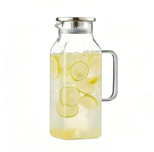 Jarra Grande de Vidrio,Jarro de 2 Litros para Bebidas Frías con Asa y Tapa | Jarra de Té para Uso Doméstico | Para Encimera, Frigorífico, Barbacoa, Picnic y Camping, Té, Limonada, Café y