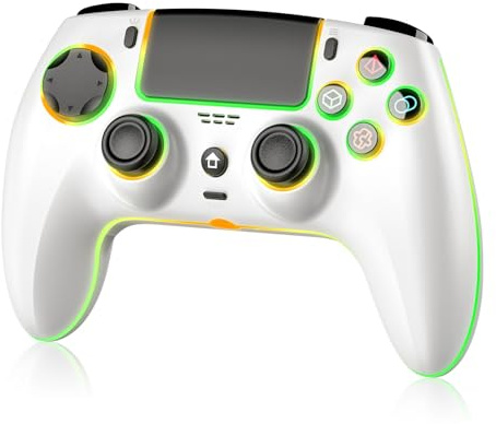 JORREP Manette sans fil pour PS5/Pro/Steam Deck/PC/MAC/iOS, manette de jeu avec éclairage RVB/double vibration/turbo/capteur de mouvement/programmable/connexion casque/batterie 1500 mAh (White)