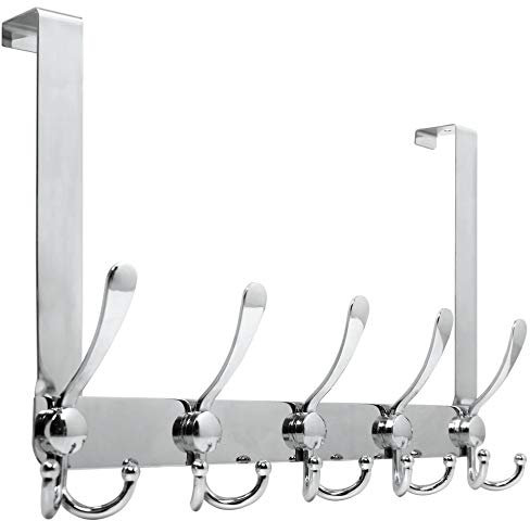 WEBI Over The Door Hook Rack with 5 Tri Hooks for Hanging Coats,Over Door Hanger Coat Rack Over The Door Towel Rack Towel Hanger for Behind Back of Bathroom,Silver