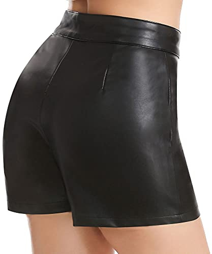 Everbellus Shorts Mujer Cintura Alta Cuero Pantalones Cortos con Cremallera Lateral Negro Medium