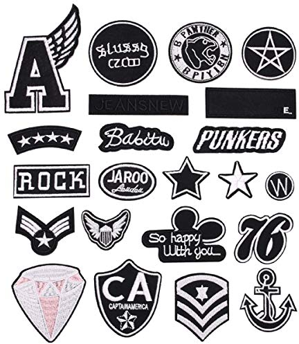 22 Stück Aufnäher zum Aufbügeln, Schwarz und Weiß, Stickerei-Applikationsset, zum Aufnähen von Kleidung, Jacken, Rucksäcken, Schuhen, Mützen für Kinder und Erwachsene