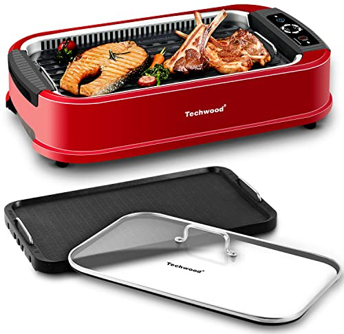 Indoor Smokeless Grill, Techwood 1500W Electric BBQ Grill with Temperature Control, Korean Grill Removable Non-Stick Grill & Griddle Plates, Tempered Glass Lid, Red