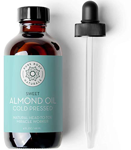 Pure Body Naturals Sweet Almond Oil, 4 fl oz - Cold Pressed and 100% Pure - for Hair, Skin, Nails, Therapeutic Massage, Carrier Oil