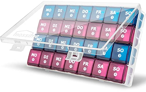 Tablettenbox Monat 28 Tage Pillendose, Medikamentenbox mit 7 Fächer für 4 Wochen für Wöchentlicher Vitamin-Organizer, Nahrungsergänzungsmittel, Fischöl (Schwarz)