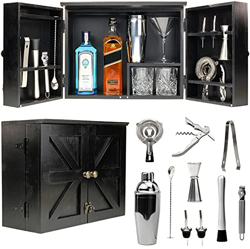 Excello Global Products Barndoor Bartender Cabinet with 10 Piece Bar Tool Set: The Perfect Kit for Home Bartenders (Black)