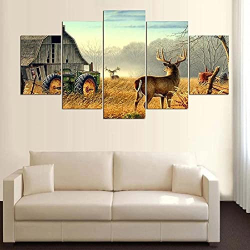 MPPSU Winter Bauernhof-Holzhaus Traktor Tier-Weißwedelhirsche Wanddekoration Wohnzimmer Leinwandbild Jugendzimmer Poster Set Modern 5 Teiliges Wandbild Bedroom Decor XXL Bilder Mit Rahmen 100 * 50cm