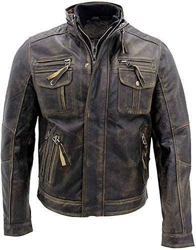 Aksah Mode herr antik svart vintage sliten retro motorcykel biker läderjacka, Multi dragkedja nödställd brun jacka, XXL