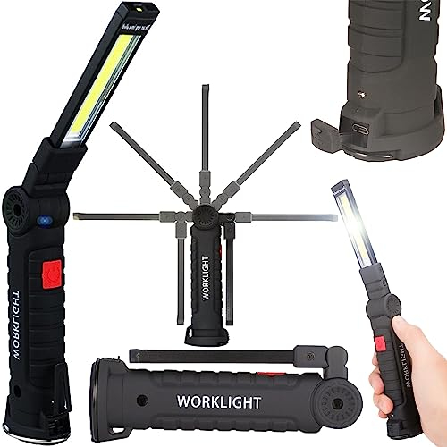 Retoo Lampada da lavoro a LED, luce di ispezione COB ricaricabile portatile con magnete, cavo di ricarica USB e gancio, torcia per riparazione auto Garage Campeggio Uso di emergenza Torce magnetiche