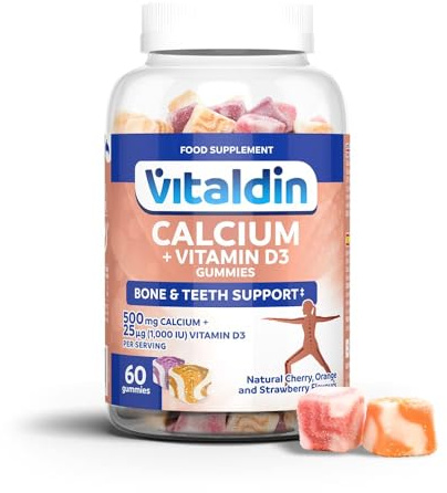 VITALDIN Calcio 500 mg + Vitamina D3 Gummies – 1.000 UI Vitamina D – 60 Caramelle Gommose (1 mese), gusto Frutti Assortiti – Aiuta a mantenere Ossa e Denti - Senza glutine - Bambini e Adulti