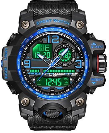 Forrader Relojes deportivos para hombre, impermeable, militar, digital, electrónico, táctico, militar, relojes de pulsera multifunción con alarma de hora dual y cronómetro, negro/azul, Correa