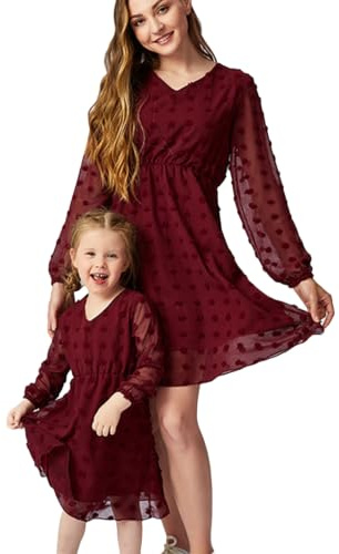 OMZIN Mutter Und Tochter Matching Midikleid Sommer Schweizer Punkt Tunika Kleid Chiffon V-Ausschnitt Laterne Langarm Kleid