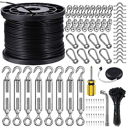 BLIKA String Light Hanging Kits, 400FT Coated Stainless Steel 304 Wire Rope, Outdoor Light Guide Wire, Globe String Light Suspension Kit Included Turnbuckles, Enough Accessories, Use Manual