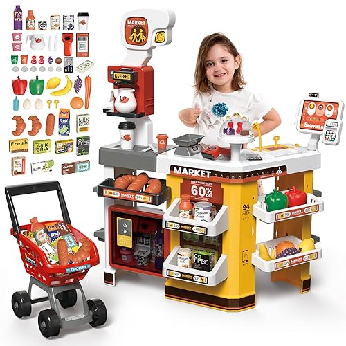 deAO Supermarket Playset for Kids,66 PCS Grocery Store Playset Pretend Play with Kids Shopping Cart,Cash Register,Play Food Accessories,Christmas Birthday Gift (Red)
