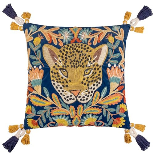 Wylder Tropics Regal Leopard Embroidered Velvet Cushion Cover, Royal Blue