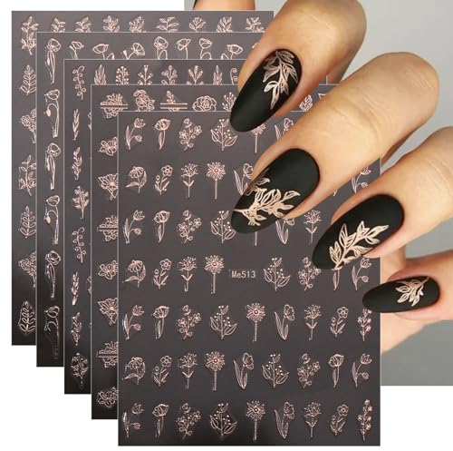 jmeowio 12 Sheets Flower Nail Art Stickers Decals Self-Adhesive Rose Gold Floral Nail Supplies Nail Art Design Decoration Accessories