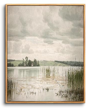 hyidecorart Vintage Leinwand Bilder mit Rahmen Holz, 20x25 cm Klein Wandbilder Wohnzimmer dänische See Landschafts Kunstdruck, Wanddeko Schlafzimmer Gemälde Desktop Badezimmer Büro Zimmer Esszimmer