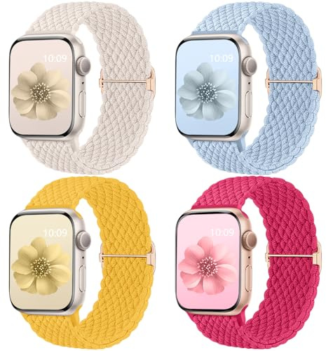 Mastten 4-pack Solo Loop flätade remmar kompatibla med Apple Watch-remmar 40-49 mm kvinnor män, stretchig rem elastiskt sportband för iWatch SE 10-3