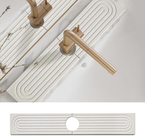 Recitem Diatomite Kitchen Faucet Mat - 16-Inch Kitchen Sink Splash Guard, Water Absorbing Stone Tray for Sink, Stone Fast-Drying Faucet Mat for Kitchen Counter Sink Accessories [White, 16'' x 3.9'']