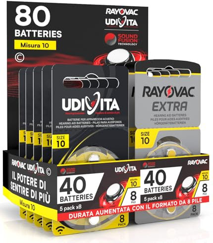 80 Batterie Per Apparecchi Acustici Auricolari Misura 10 PR70 (Gialle) 10 Blister da 8 Pile Tecnologia Sound Fusion - 80 Pile: 40 Rayovac + 40 Udivita