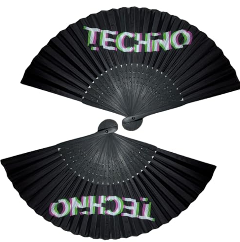 2 Pack Set Techno Rave Handfächer - Fächer klein stabil schwarz Bambus Holz - Sommer Hand Fan Asiatische Deko für Geburtstag, Party, Club, Festival, Rave, Hochzeit, Fotografie, Wand Dekoration