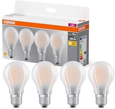 OSRAM LED BASE A60, Vorteilspack mit 4 Leuchtmittel, ersetzt herkömmliche 60W Glühbirnen, 6.5W, warmweiß (2700K), mattes Glas, nicht dimmbar, Birnenform, E27, White