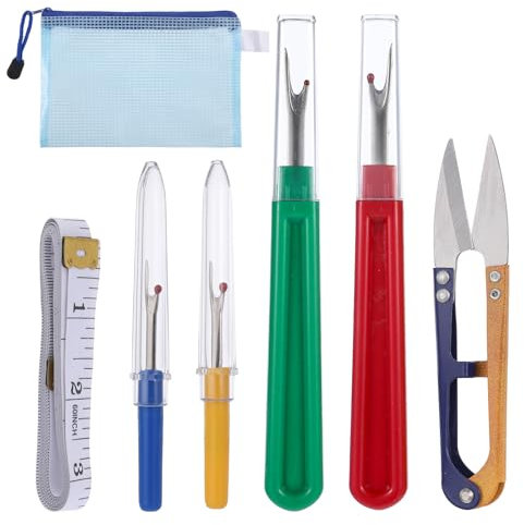 JJUNW 7 Stück Nahttrenner Set, 2 Größen Saumtrenner Seam Ripper Set mit Trimmschere Weiches Lineal und Aufbewahrungstasche, Fadentrenner zum Öffnen von Nähten und Säumen