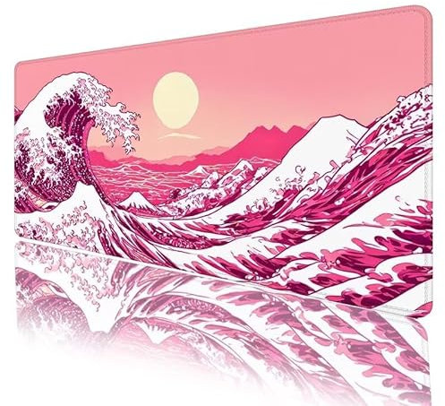 Pink Mouse Pad XXL 1200 x 600 x 5 mm Large Gaming Mousepad Waves Mouse Mat, Desk Mat With Stitched Edges, Extended Keyboard Mat with Non-Slip Rubber Base for Home Office Decor, Gifts for Women H-825