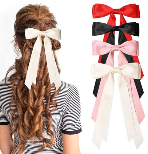 dinghaole 4 Pièces Barrettes à Cheveux en Satin Soyeux, Bow Barrettes, Pince à cheveux Nœud, Noeud Cheveux Filles Double Couche Gland Ruban Cheveux, pour Femmes et Filles