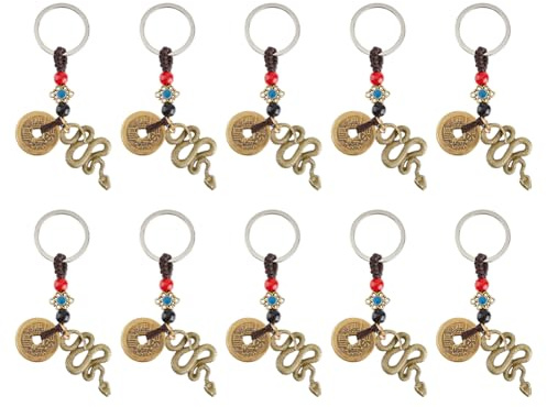 DICOSMETIC Lot de 10 porte-clés chinois Feng Shui en laiton avec serpent, amulette de cinq empereurs, porte-bonheur, breloque serpent porte-bonheur avec pièce de monnaie pour maison, voiture, sac à