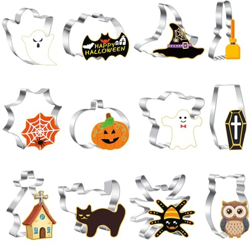 Halloween Ausstechformen Set,12 Stück Halloween Ausstecher Keksausstecher,Edelstahl Ausstecher Set-Kürbis,Fledermaus,Hexenhut,Katze,Geist