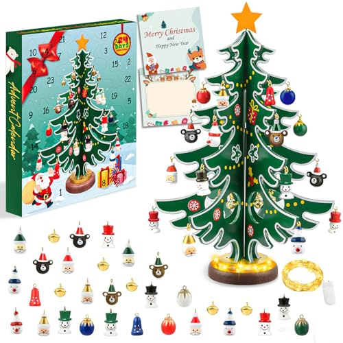 FFZZKJ Adventskalender 2026 Kinder mit Mini Lichterkette 24 Tage Countdown Holz Weihnachtsbaum mit 30 Ornamenten für Weihnachtsdeko Tisch, Weihnachtsdeko Innen