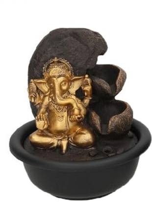 Fuente Decorativa Ganesha, Estilo Zen, 16x16x19 cm, Dorado y Marrón, para Meditación y Decoración del Hogar