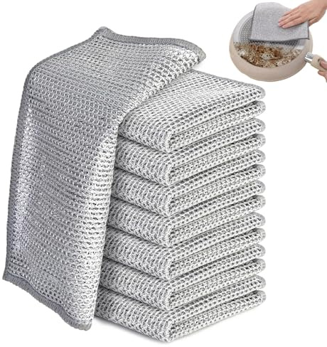 8 pièces Chiffon de Nettoyage en métal, Chiffons à Vaisselle torchon Multifonctionnel en Fil métallique Anti-Rayures, Chiffons à Microfibre Polyvalents en Fil,réutilisables (Double Couche)