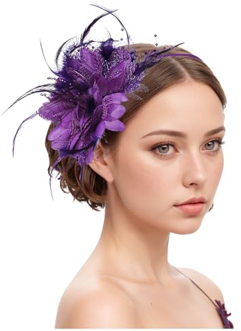 Fascinator Hüte Für Damen Bänder Federn Auf Einem Stirnband Blume Mit Perle Feder Fascinators Hut Stirnband und Einer Gegabelten Clip Hochzeit Cocktail Tea Party Hut Kopfbedeckung (Purple, One Size)