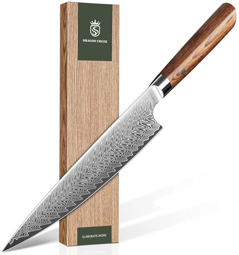 Dragon Creek Couteau de Chef 22 cm en Acier Damas, Couteau de Cuisine Multifonction avec Manche en Bois Ergonomique, Couteau de Cuisine Tranchant pour Viande, Légumes et Herbes