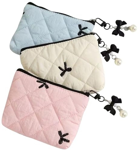 MLPKOI 3PCS Pequeña Bolsa de Maquillaje, Neceser Portátil Multifunctional Organizador para Viaje con Textura Plisada en Relieve, Colgante de Lazo y Perla (Blanco Azul y Rosa)
