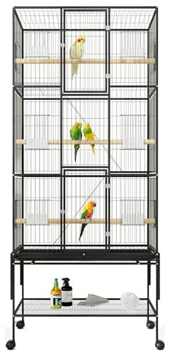 Crevyteg Großer Metall-Vogelkäfig mit Rädern, rollender Vogelkäfig mit herausziehbarer Schale, Schale und Stützstangen, leicht zu reinigender Papageienvogelkäfig für Nymphensittiche, Unzertrennliche