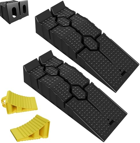 XMTECH Lot de 2 rampes d'accès + 2 cales jaunes – Rampes de voiture en plastique et butées de pneu antidérapantes jusqu'à 5 t pour voiture, camping-car, remorque, caravane, garage et atelier