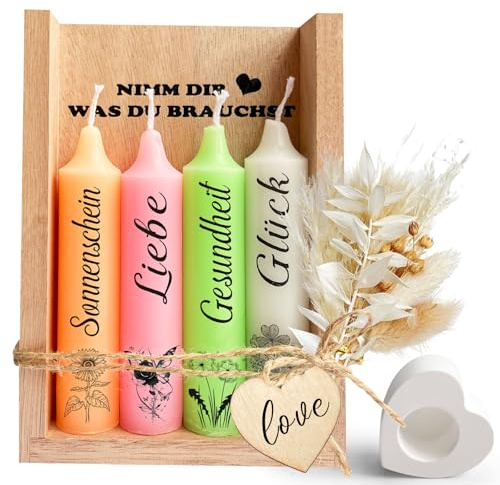 Geschenke für Frauen | Kerzenset -NIMM DIR WAS DU BRAUCHST Kerzen | Geschenke für Mama Freundin Schwester Kollegin, Kerzen Deko Geschenkidee mit Holzbox Trockenblumen Kerzenständer
