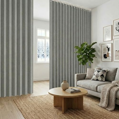 HEMVOR Raumteiler Vorhang Extra Breit Wasserdicht, Raumtrenner mit 24 Haken, Formgedächtnis & Leinenstruktur, Blickdicht Trennvorhang für Bad Schlafzimmer Wohnzimmer Büro, B254xH244cm, Grau