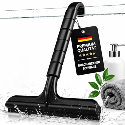 Sinaley Duschabzieher Silikon Schwarz 21 cm, Abzieher Dusche mit Haken ohne Bohren, Fensterabzieher mit Edelstahlkern für Glas Duschwand Fliesen Spiegel