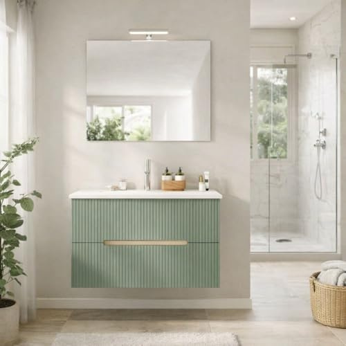 Kiamami Valentina Mobile Bagno Sospeso 80 cm Magnolia Rovere Ghiaccio | 2 cassetti frontale cannettato, lavabo ceramica bianca, legno nobilitato, già assemblato, stile moderno